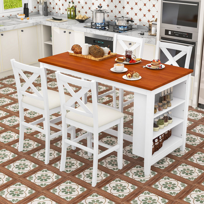 Ensemble de table de salle à manger 5 pièces pour 4 personnes, Noyer, Blanc / beige, Blanc