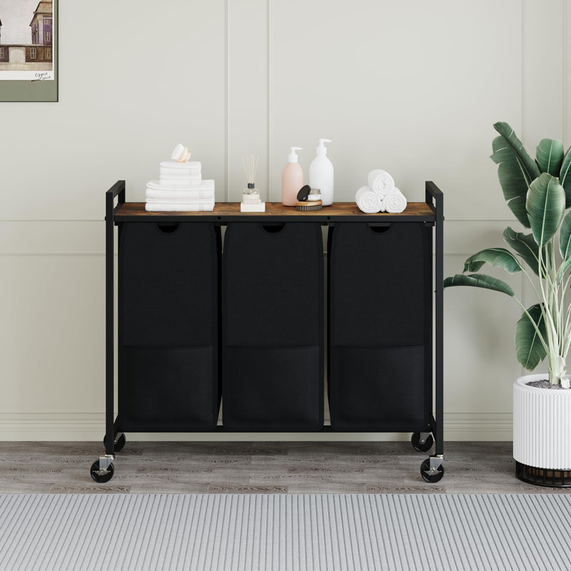 Trieur de linge avec roulettes et sacs amovibles, chariot de rangement roulant à 3 bacs avec tablette pour dortoir de salle de bain, panier à linge de 33 po