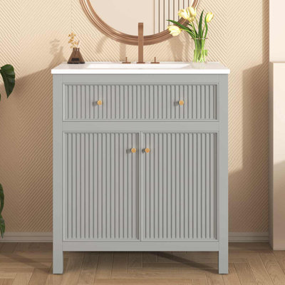 Meuble-lavabo moderne autoportant de 30 po avec lavabo en céramique, armoire de rangement avec portes à fermeture douce