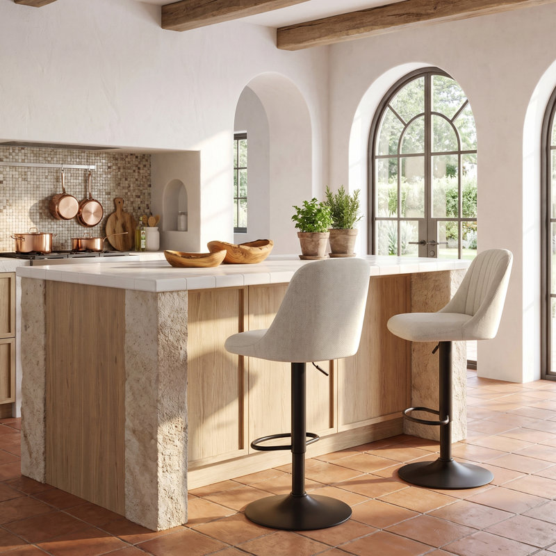 Swivel Upholstered Bar Stool, Beige / Black