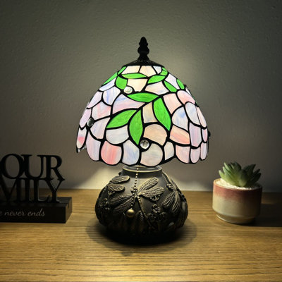 Mini lampe de table Standiff Tiffany avec vitrail mauve et feuilles vertes incluses Ampoule DEL H 12 po x l 8 po x P 8 po