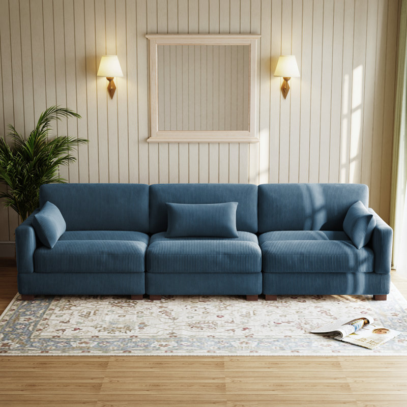 Maelina 3 - Piece Upholstered Navy Corduroy Modular Sectional Sofa with Pillow Back and Solid Wood Legs, Navy