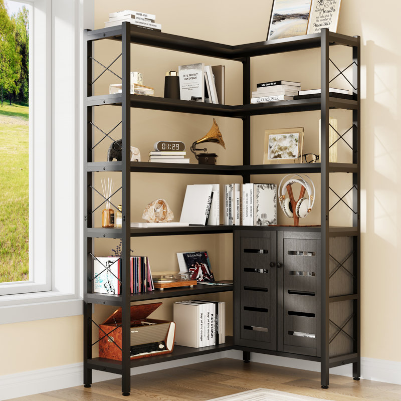 Black Wood Industrial Corner Bookshelf with Storage Cabinet