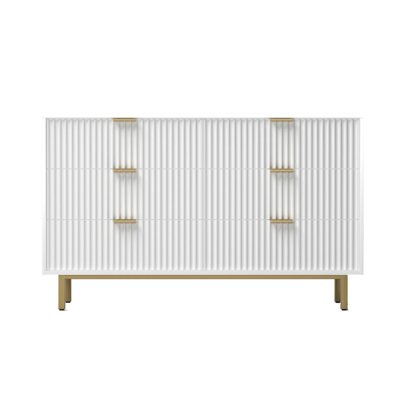 Commode 6 tiroirs 56 pouces Beth, panneaux ondulés en bois d'acajou