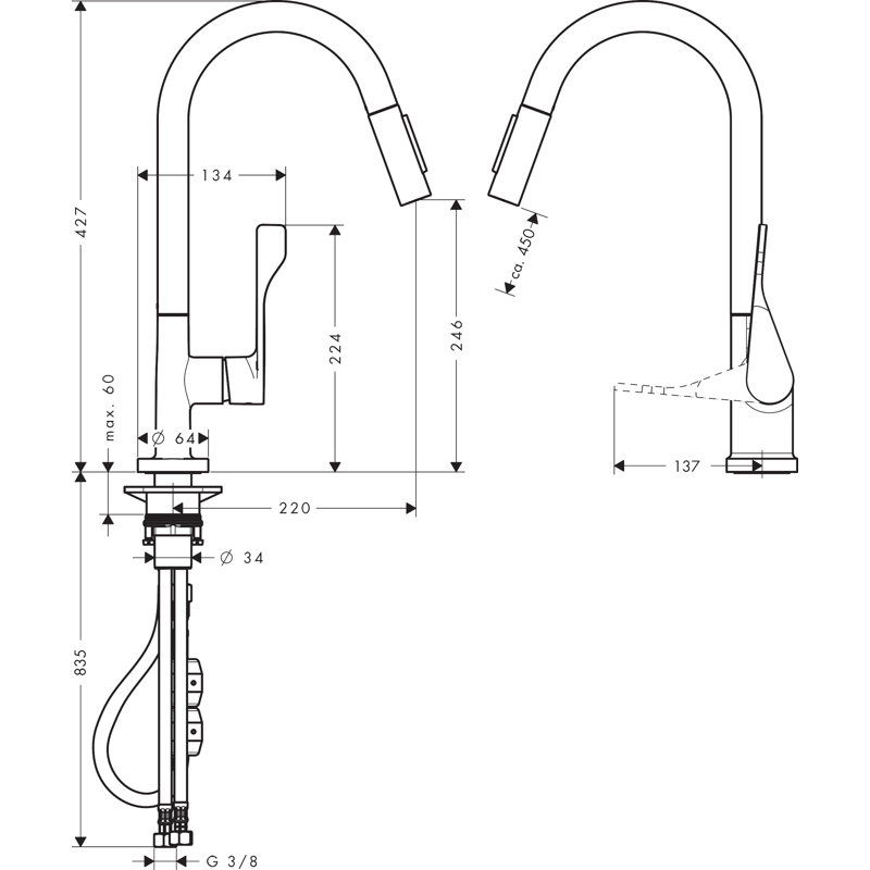Citterio Pull Down Single Handle Kitchen Faucet, Brushed Gold Optic