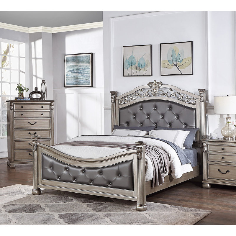 Formal Traditional Antique Silver 1pc King Size Bed Tufted Faux Leather Headboard Footboard Bedframe, Antique Silver, King