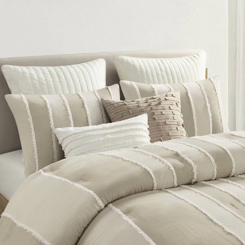 3 pièces d'édredon en coton rayé - taupe très grand / très grand avec rayures et garniture blanche lavable à la machine