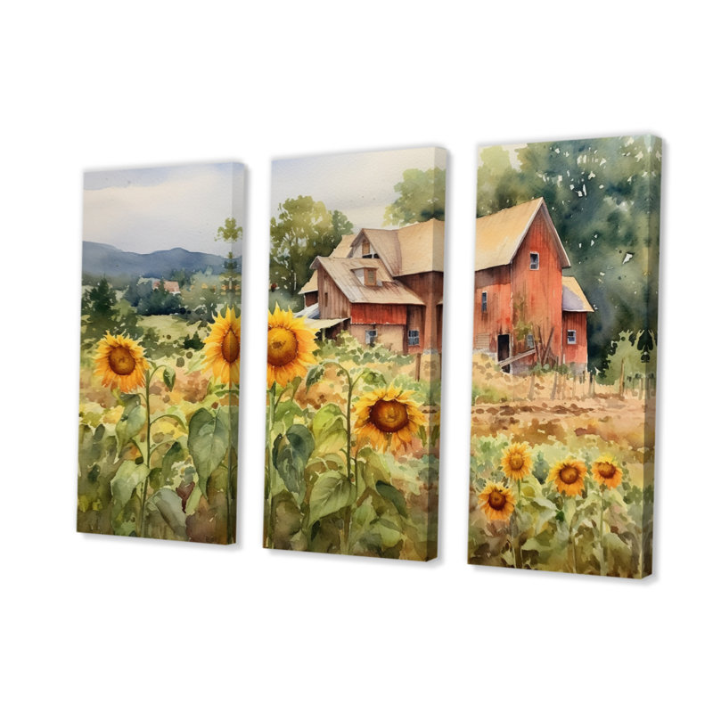 Tournesol doré à la ferme III, reproduction sur toile 3 pièces, H 28 po x l 36 po x P 1 po
