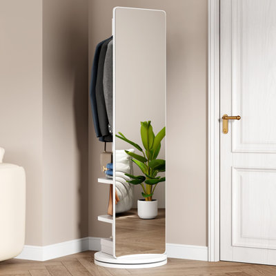 Jaxenor Standing Mirror Full Length, Swivel Full Body Mirror Coat Rack with Storage Hanger and Open Shelves for Bedroom and Living Room, Solid Wood