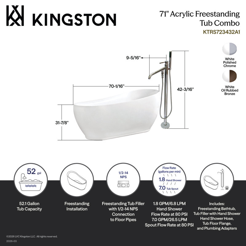 Baignoire autoportante ovale en acrylique 71 pouces avec robinet et drain Kingston Eden, Blanc / chrome poli