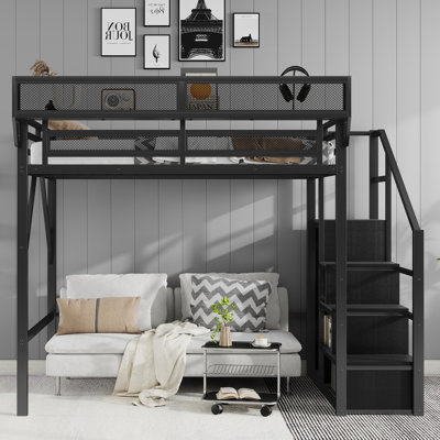 Lit mezzanine double avec escalier, lit mezzanine double en métal avec tablettes de rangement, lit mezzanine haut avec garde-robe pour enfants adolescents