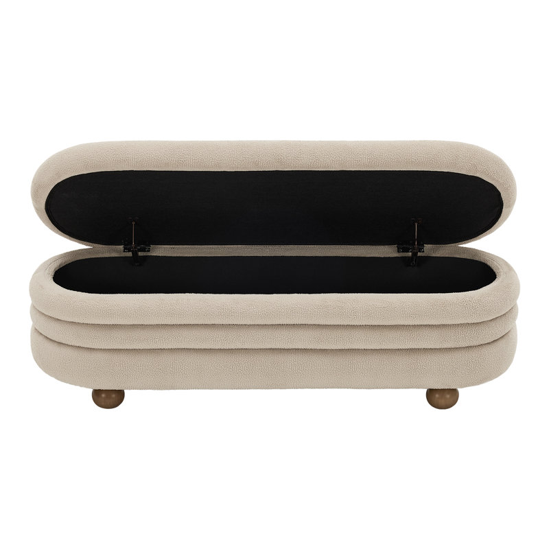Banc de rangement ovale rembourré avec pattes boule en bois massif, Marron clair