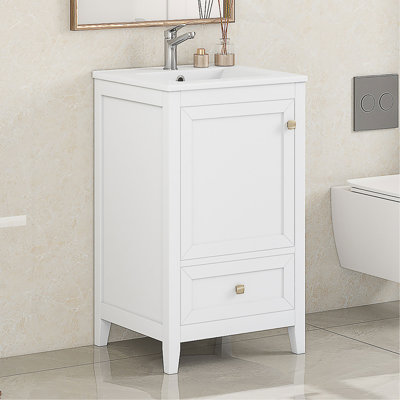 Meuble-lavabo de 20 po avec lavabo, armoire de salle de bain avec porte à fermeture douce, support de rangement et tiroir, blanc
