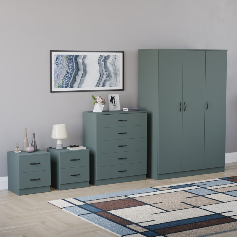 Tayce 4 Piece Bedroom Set (2 Drawer Bedside Chest X2, 5 Drawer Chest, 3 Door Wardrobe), Green