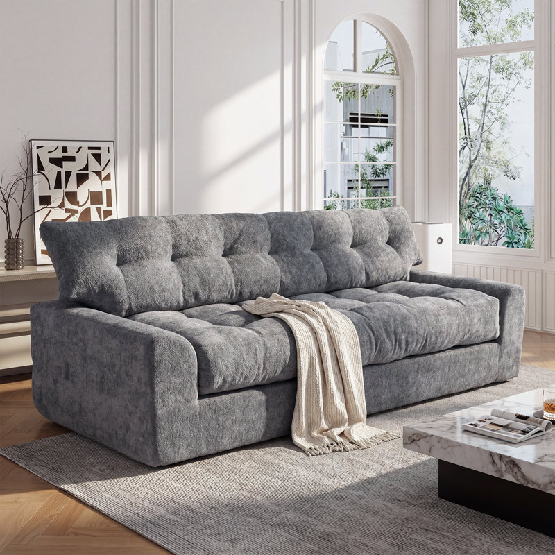 Canapé moderne à 3 places en chenille gris moderne avec chenille chatoyante subtile, coussin en mousse à mémoire de forme, dossier amovible, poches latérales, aucun assemblage requis, 75,59 po