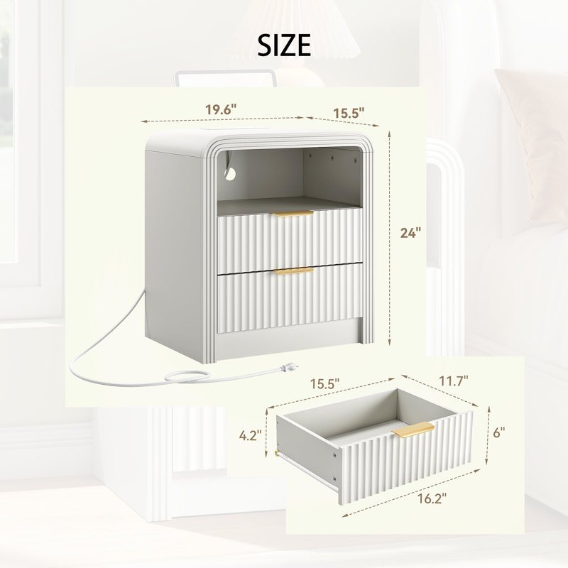 19.7" Fluted Nightstand, USB/Type-C, 2 Drawers, White, White