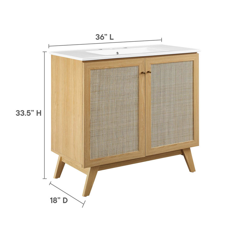 Soma 36'' Oak and White Freestanding Bathroom Vanity with Rattan Doors