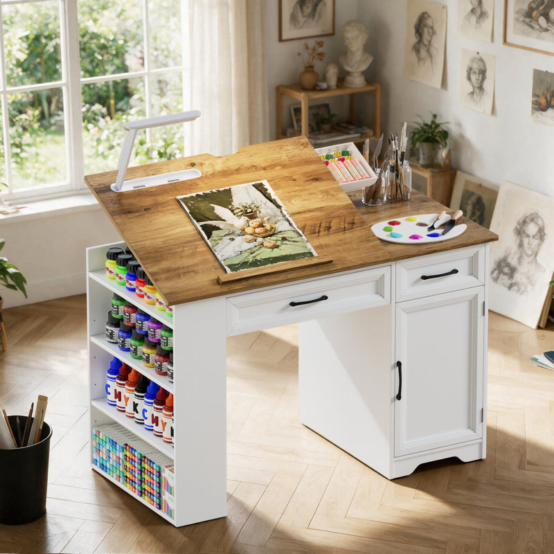 Table de dessin réglable avec rangement, table de dessin d'art avec planche inclinable à 45 ° et lampe à DEL intégrée, table de travail multifonctionnelle avec tablettes ouvertes et tiroirs pour dessiner, bricoler, lire ou travailler