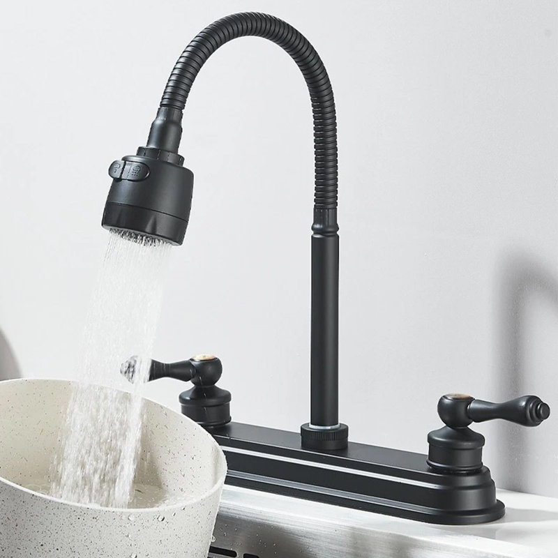 Matte Black 2-Handle RV Kitchen Faucet, 8" 2-Hole Camper Sink Faucet, 360° Swivel Spout & Two-Function Sprayer for Motorhome, Trailer & RV
