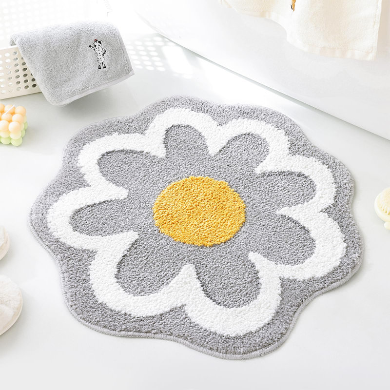  Cute Grey Flower Bath Mat, Soft Machine Absorbent Non-slip Washable Bathroom Rugs, Small Round Bath Rug Decor For Bathroom Bathtub Bedroom Kitchen