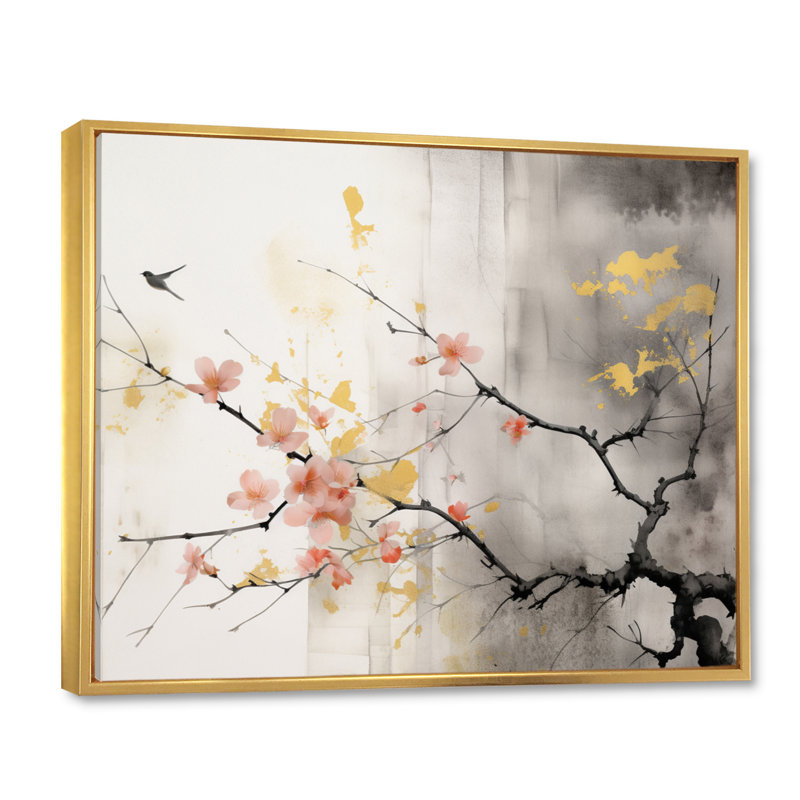 Art asiatique Sumi Blossom I - art mural asiatique, H 30 po x l 40 po x P 1,5 po, Cadre flottant doré