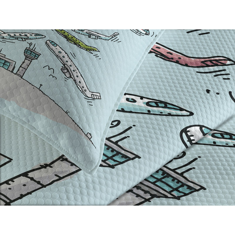 Ambesonne Aviation Bedspread Set Airplanes Helicopters Multicolor, King Bedspread + 2 Standard Shams