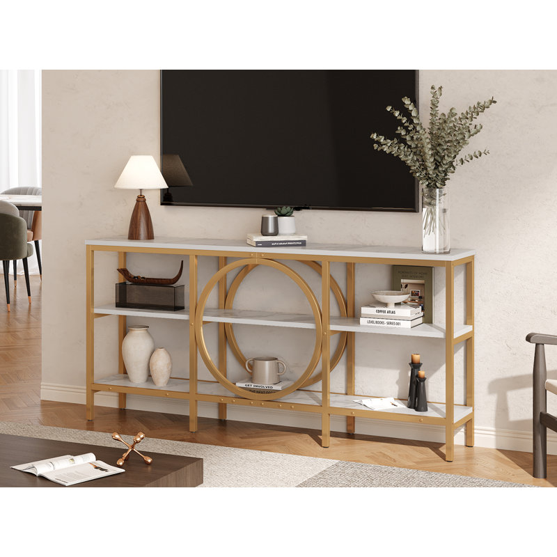 66"  Long Console Table,Narrow 3-Tier Entryway Table Sofa Table,Accent Industrial Hallway Table, White, Champagne
