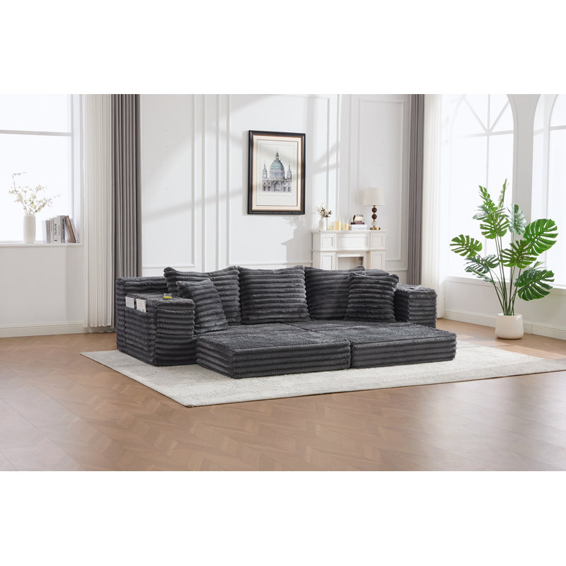 Canapé-lit rembourré en velours côtelé avec 3 coussins et 2 coussins lombaires, Gris foncé