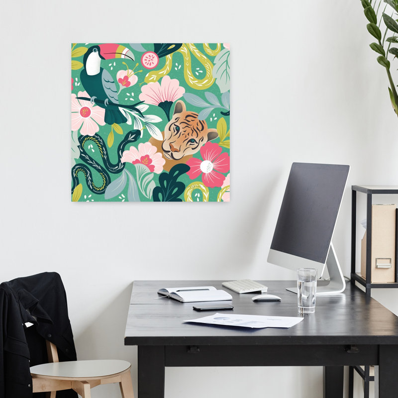 Lush Life, motif abstrait, oiseau, chat, serpent, fleur tropicale, art, H 18 po x l 18 po