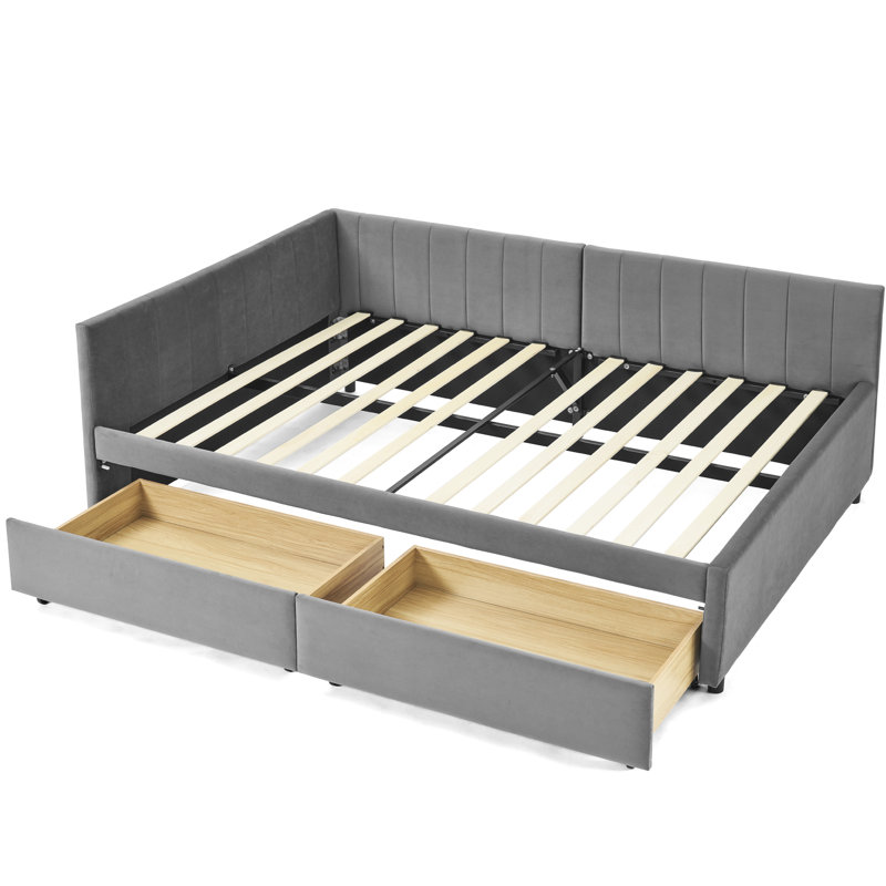 Full Size Upholstered Daybed, Grey Velvet, Two Drawers, Comfortable Fitting Body's Natural Shape, For Shoulder Relaxation, Vertical Stripe Pattern, Classic Style Bed Daybed With Storage Good Back