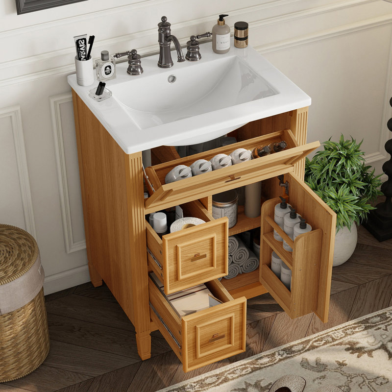 Meuble-lavabo de 61 cm (24 po) avec lavabo, tiroir rabattable et 2 tiroirs, tablette ajustable, bois, Brun, Brun
