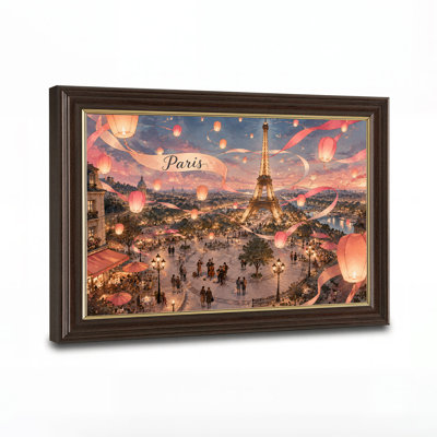 «Illuminated Eiffel Tower and Pink Lanterns Over Paris City», art mural sur toile
