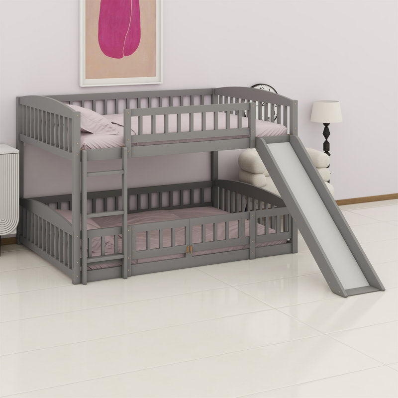 Bunk Bed With Slide,Fence And Ladder, Gray