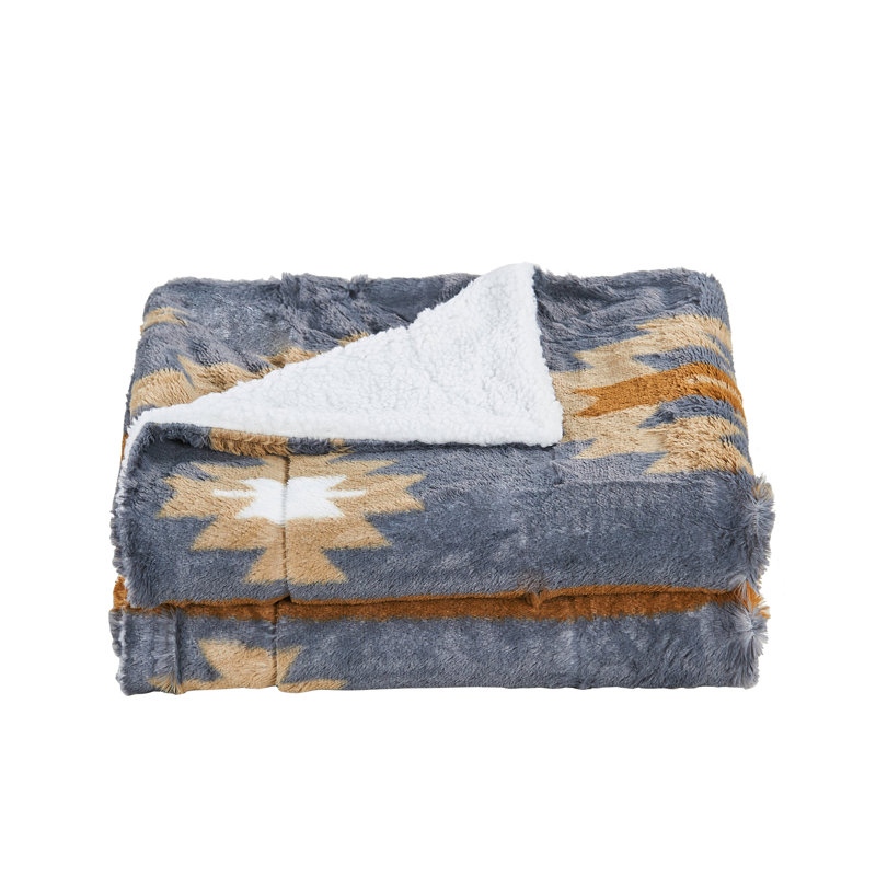 Southwest Faux Fur Sherpa Throw Blanket, Grey, 60" L x 50"W