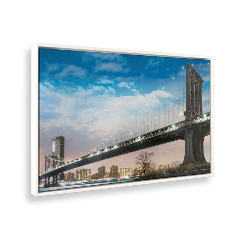 Pont de Brooklyn et Manhattan, impression sur toile dans un cadre, H 24,75 po x l 36,75 po, Blanc opaque