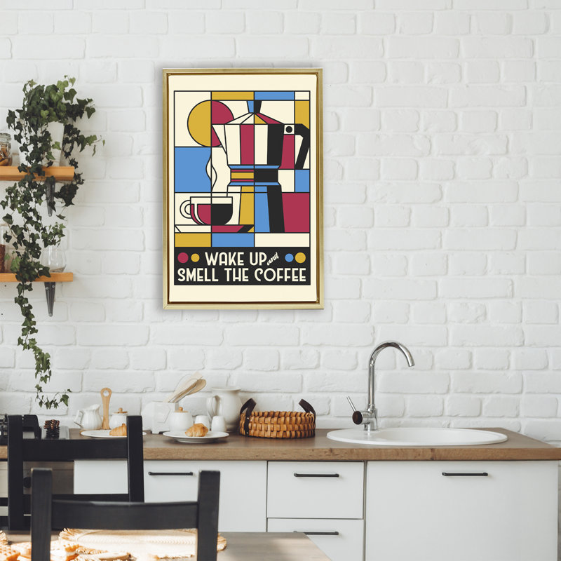 Cadre flottant rétro Wake Up & Smell Coffee, design par Tobe Fonseca, H 25 po x l 17 po, Cadre flottant métallique doré