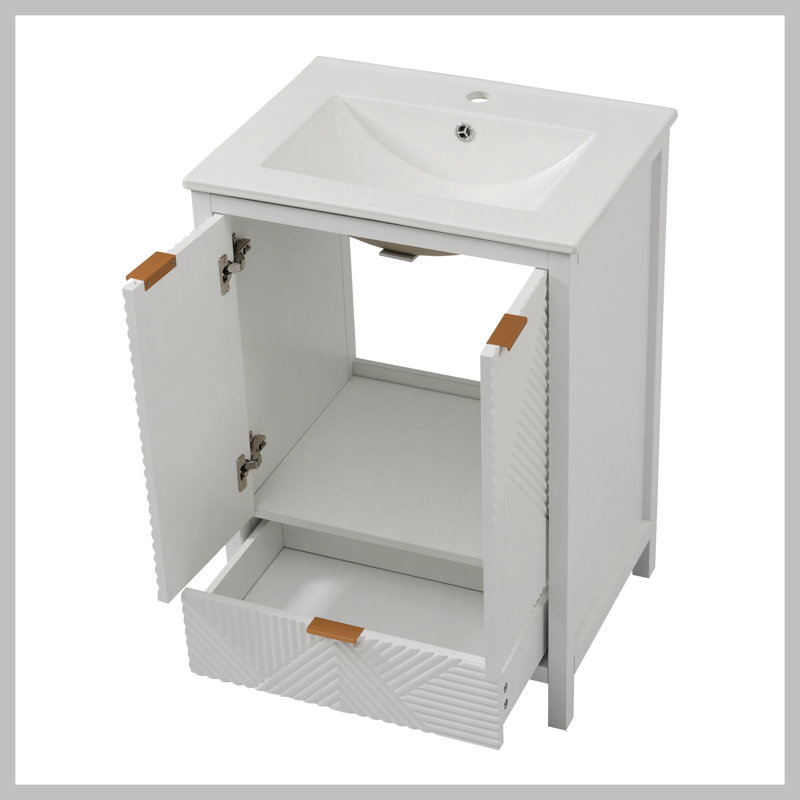Ensemble de meuble-lavabo 24 po avec lavabo, meuble-lavabo moderne avec trou de robinet simple, panneaux de porte texturés et tiroir, pieds en pin, grand espace de rangement et charnières à fermeture douce, blanc