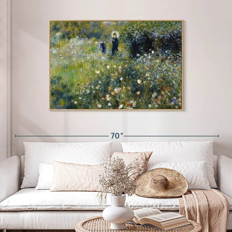 Femme avec un parasol dans un jardin, Cadre flottant en bois naturel, 46 po x 31 po