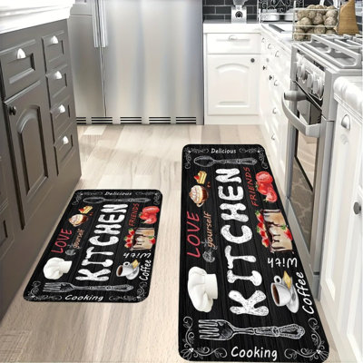 Rustic Kitchen Love Floor Mats, Set of 2 Anti-Slip Flannel Rugs for Kitchen & Dining Room