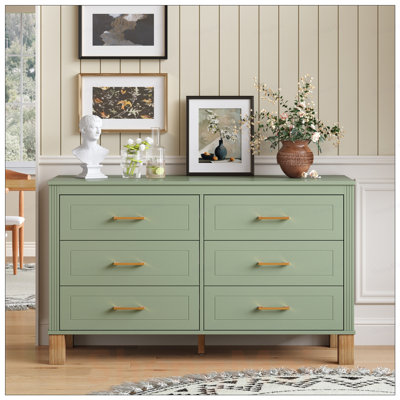 Commode double 6 tiroirs en sauge, rangement moderne avec poignées en métal et pieds en bois massif pour enfants et adultes