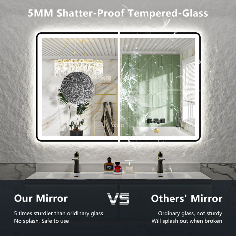 Hyosvany Matte Black Matel Framed LED Vanity Mirror with Front-lit and Back-lit, Memory Function, 3 Color Temperatures, Dimmable Light & Anti-fog Tempered Glass Mirror
