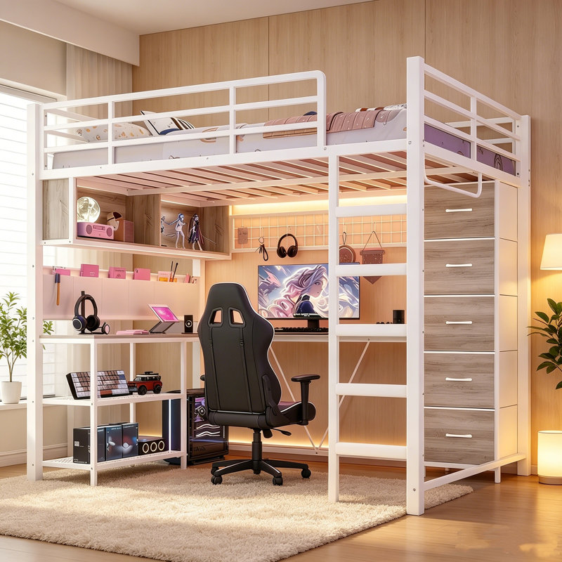 Full Size Loft Bed with L-Shaped Desk & 5 Drawers - Space Saving Loft Bed with LED Lights, Charging Station, Shelves, Clothes Rail for Home Office, Dorm Room, White