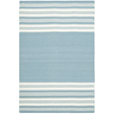 Rodgers Hand Woven Flat Weave Wool/Cotton Striped Rug in Turquoise