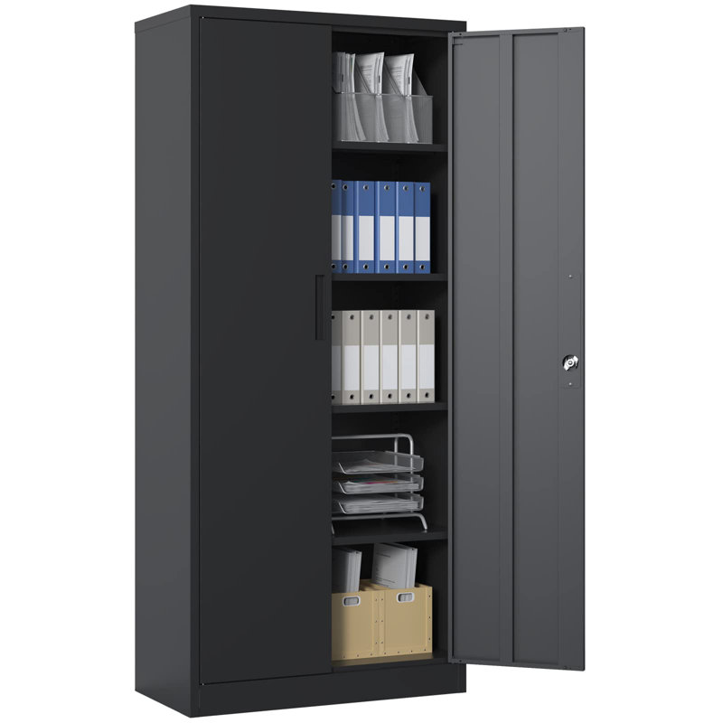 72" Heavy-Duty Metal Storage Cabinet with Lock - Black Garage Shelving Unit