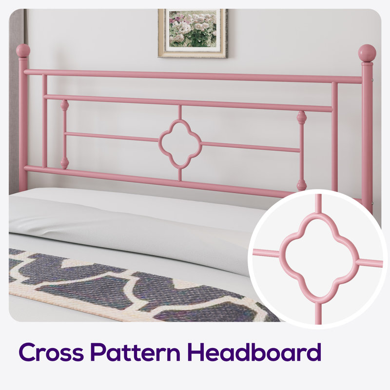 Pink Queen Metal Platform Bed Frame with Vintage Headboard and Footboard