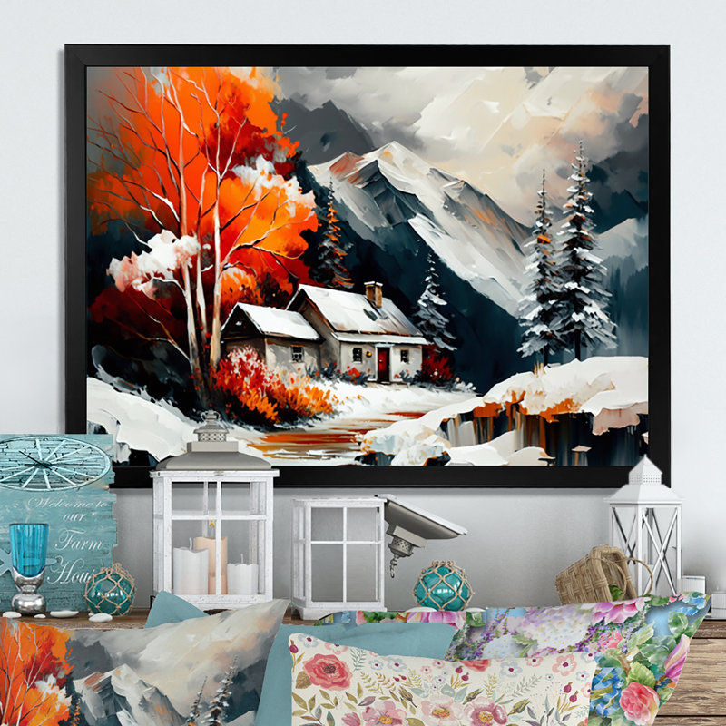 Monochère orange chalet en hiver III - paysage, art mural sur toile, H 12 po x l 20 po x P 1 po, Cadre noir
