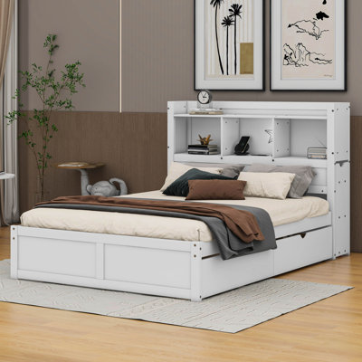 Panel Full Size Storage Bed with Shelves, Twin Size Trundle and 2 Drawers