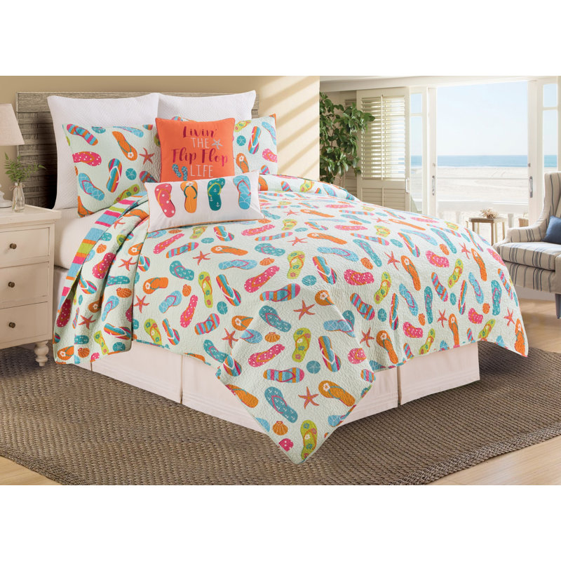 Ensemble de courtepointe réversible en coton rose / bleu / vert / orange Flip Flop Life