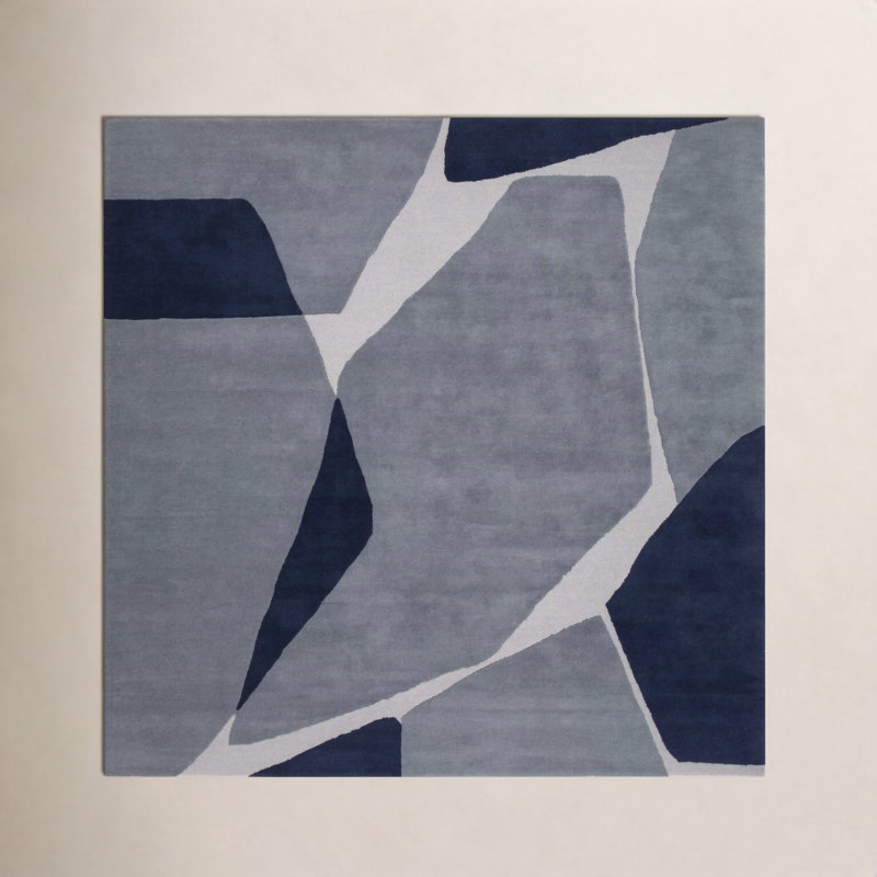 Tapis bleu clair / bleu marine / ardoise en laine touffeté à la main Abstract, Carré 10 pi