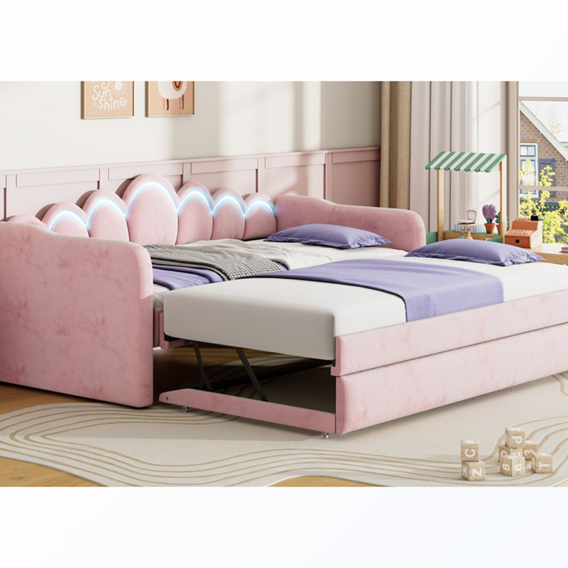 Twin XL Size Upholstery Daybed with Trundle and LED Light, Pink